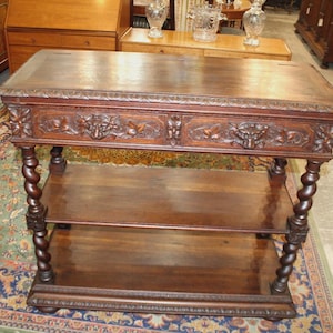 French Antique Oak Renaissance Server | Carved Sideboard Cabinet c. 19th Century