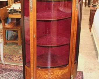 Antique French Rosewood Napoleon III Display Corner Cabinet Glass Door