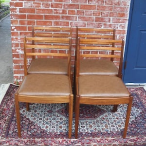 Set of 4 Mid Century Teak Dining Chairs | Brown Vinyl Upholstered Seats