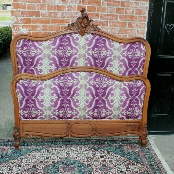 French Antique Louis XV Upholstered Full Size Bed Purple White & Upholstery