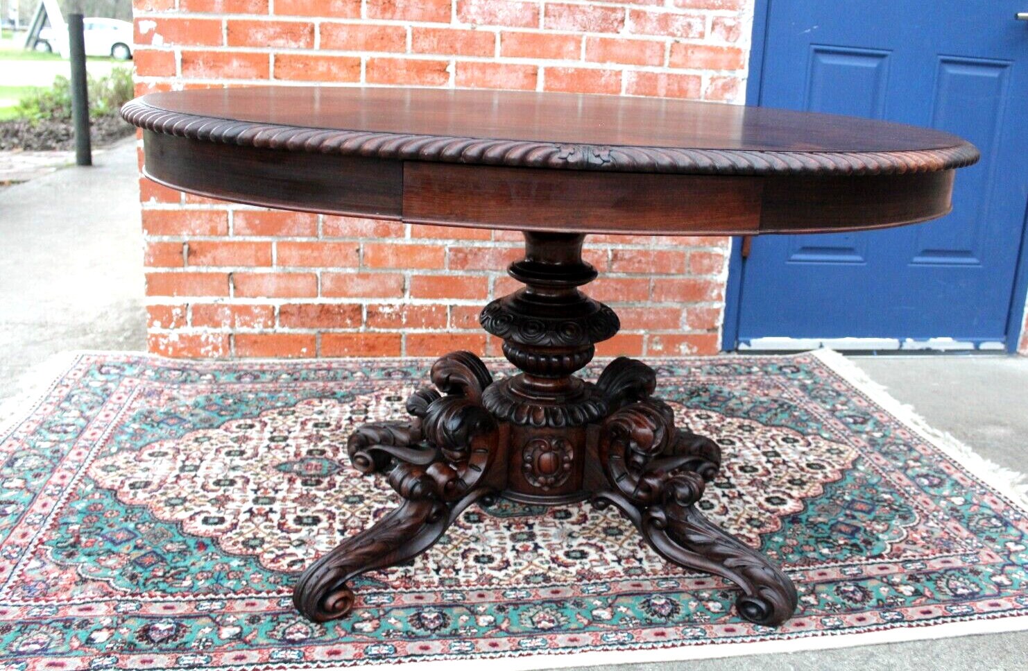 French Antique King Wood Renaissance Coffee Table W. 2 Drawers / Round