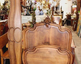 French Antique Carved Walnut Louis XV Twin Size Bed With Rails & Slates