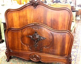 French Antique Carved Walnut Louis XV Full Bed | Ornate Rails Included