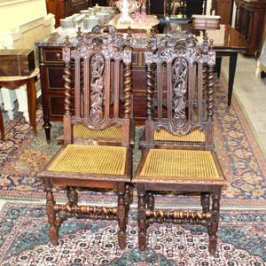 Set of 4 French Louis XIII Oak Dining Chairs | Carved Cane Seat Antique