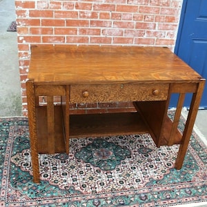 American Antique Tiger Oak Arts & Crafts Writing Desk | 1 Drawer Mission Style