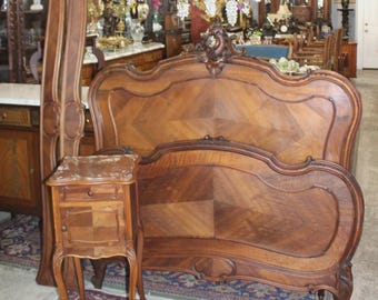 French Antique Carved Walnut Louis XV Full Size Bed & Nightstand Set - Ornate Rococo