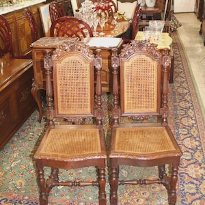 Set of 2 French Antique Renaissance Oak Dining Chairs w/ Cane Seats