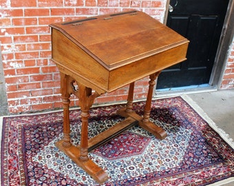 French Antique Gothic Oak School Desk | Kids Homeschool Writing Furniture