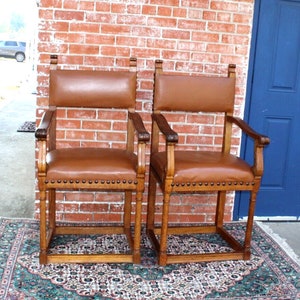 Pair of French Antique Oak Henry II Chairs w/ Leather Upholstery & Arms