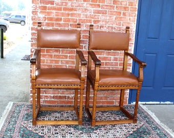 Pair of French Antique Oak Henry II Chairs w/ Leather Upholstery & Arms