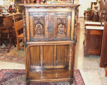 French Antique Gothic Oak Two Doors Hall Cabinet