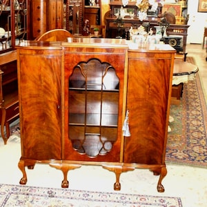 English Antique Ball & Claw Glass Door Display Cabinet