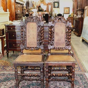 Set of 4 French Louis XIII Oak Dining Chairs | Cane Seat Carved Antique