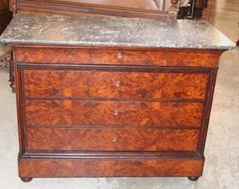 French Antique Louis Philippe Tiger Mahogany Marble Top Chest, 19th Century Sideboard