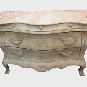 French Antique Painted Louis XV Chest | Marble Top | Carved Drawers & Curves