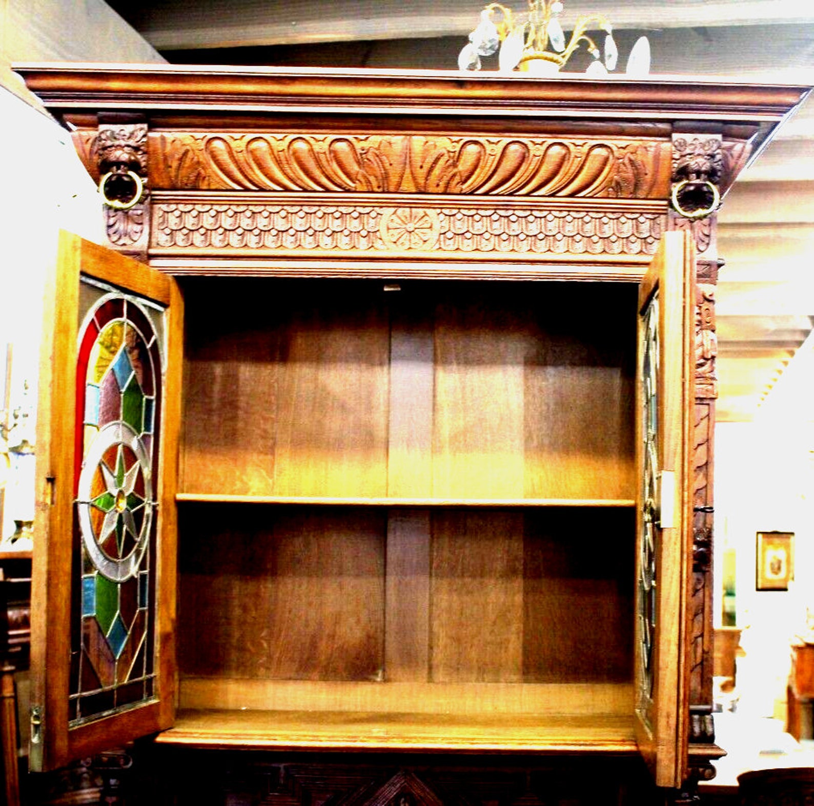 French Antique Oak Brittany Small Buffet With Stained Glass Etsy