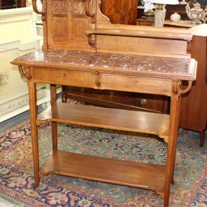 French Antique Oak Art Nouveau Sideboard Server | Marble Top & Shelves