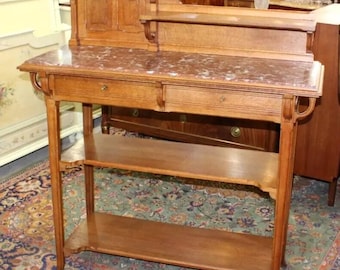 French Antique Oak Art Nouveau Sideboard Server | Marble Top & Shelves