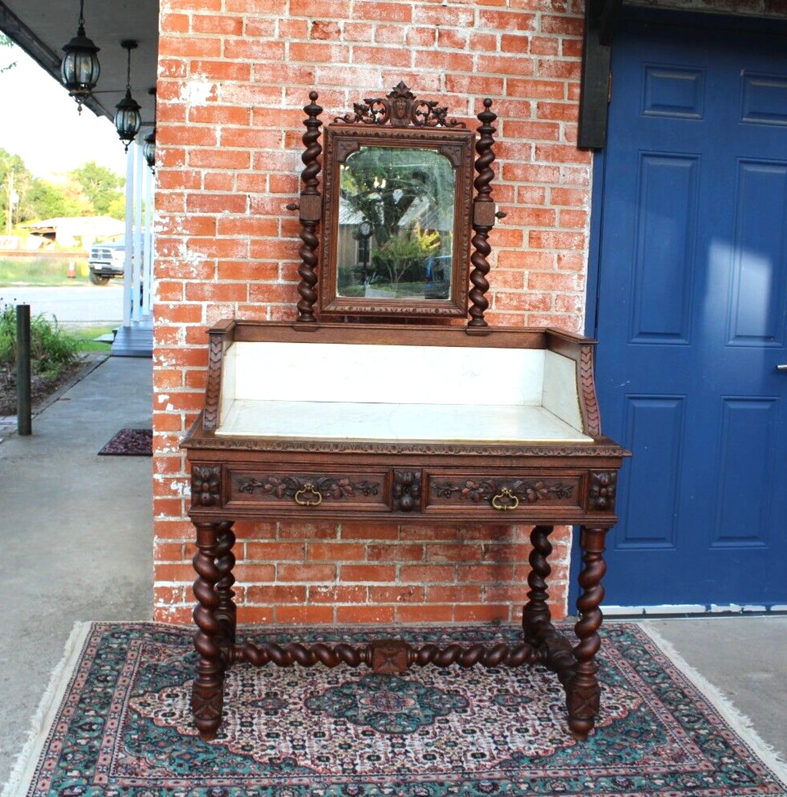 French Antique Louis XIII Oak Washstand | Marble Top Vanity Dresser W ...
