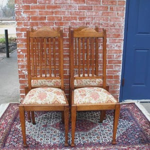 Set of 4 Antique Oak Arts & Crafts Dining Chairs w/ Floral Upholstery