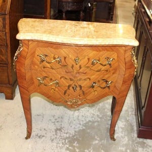French Antique Louis XV Inlaid Marble Top Chest | Small Dresser w/ 2 Drawers