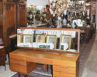 Mid Century Modern Uniflex Teak Dresser with Mirrors, Danish Modern Vanity Credenza, Vintage Bedroom Set
