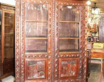French Antique Chestnut Wood Brittany Bookcase | Carved Display Cabinet c.1880