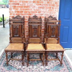 Set of 6 French Antique Brittany Oak Dining Chairs w/ Carved Backs & Caning