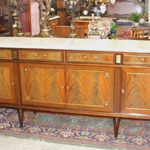 French Louis XVI Flamed Mahogany Marble Sideboard | Maison Jansen Style Buffet