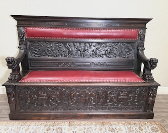 Antique French Renaissance Carved Walnut Bench, Storage Seat, Gothic Revival Hall Bench, 19th Century