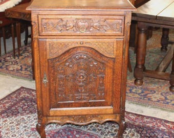 French Antique Louis XV Tiger Oak Jam Cabinet, Carved Oak Side Cabinet, Rustic Storage