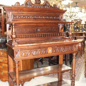 French Antique Walnut Brittany Marble Server Sideboard Buffet c.1880