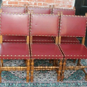 Set of 6 French Louis XIV Oak Chairs | Antique Red Vinyl Renaissance Style