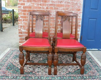 Set of 4 English Antique Art Deco Chairs - Red