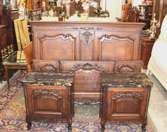French Antique Normandy Oak Louis XV Queen size Bed & 2 Nightstands
