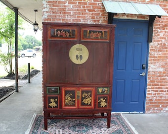 Hand-Painted Chinese Antique Armoire Cabinet w/ 4 Drawers & 4 Doors