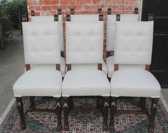 Set of 6 French Renaissance Dining Chairs | White Upholstery | Antique