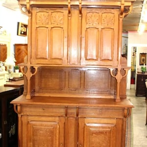 French Antique Oak Arts & Crafts Buffet Cabinet Hutch w/ Carved Details