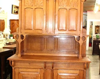 French Antique Oak Arts & Crafts Buffet Cabinet Hutch w/ Carved Details
