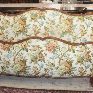 French Antique Louis XV Upholstered Full Bed | Floral Rails & Slats Included