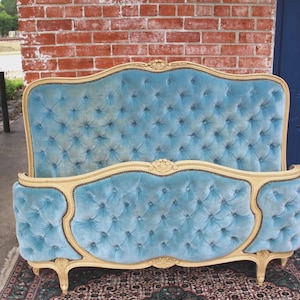 French Antique Upholstered Tufted Louis XV Full Size Bed / Baby Blue Color