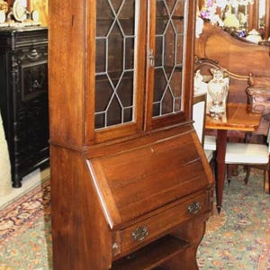 English Oak Arts & Crafts Secretary Desk | Leaded Glass Cabinet Writing Desk