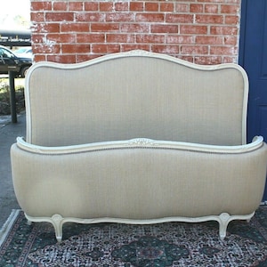 Antique Louis XV French Full Bed Walnut Frame Gray New Upholstered Finish