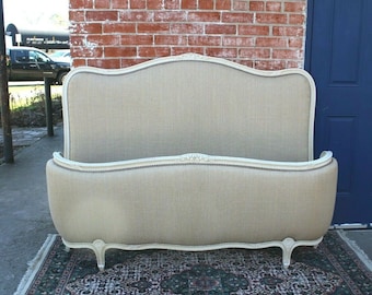 Antique Louis XV French Full Bed Walnut Frame Gray New Upholstered Finish