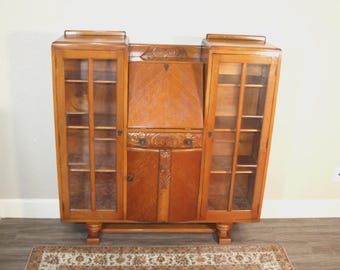 English Oak Art Deco Side By Side Bookcase / Front Drop Desk