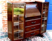 English Antique Oak Art Deco Leaded Glass Side By Side Drop Front Desk Bookcase