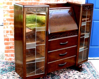 English Antique Art Deco Leaded Glass Side By Side Drop Front Desk and Bookcase