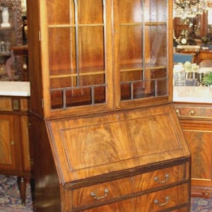 English Antique Chippendale Ball & Claw Mahogany Secretary Desk w/ Glass Doors