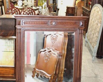 French Antique Louis XVI Mirror | Dark Oak Wood Wall Mirror with Carving