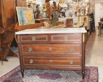 French Antique Louis XVI Mahogany Chest of Drawers Whit Marble top Dresser